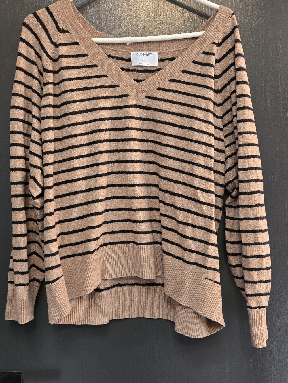 Old Navy Women's Tan & Black Striped V-Neck Sweater